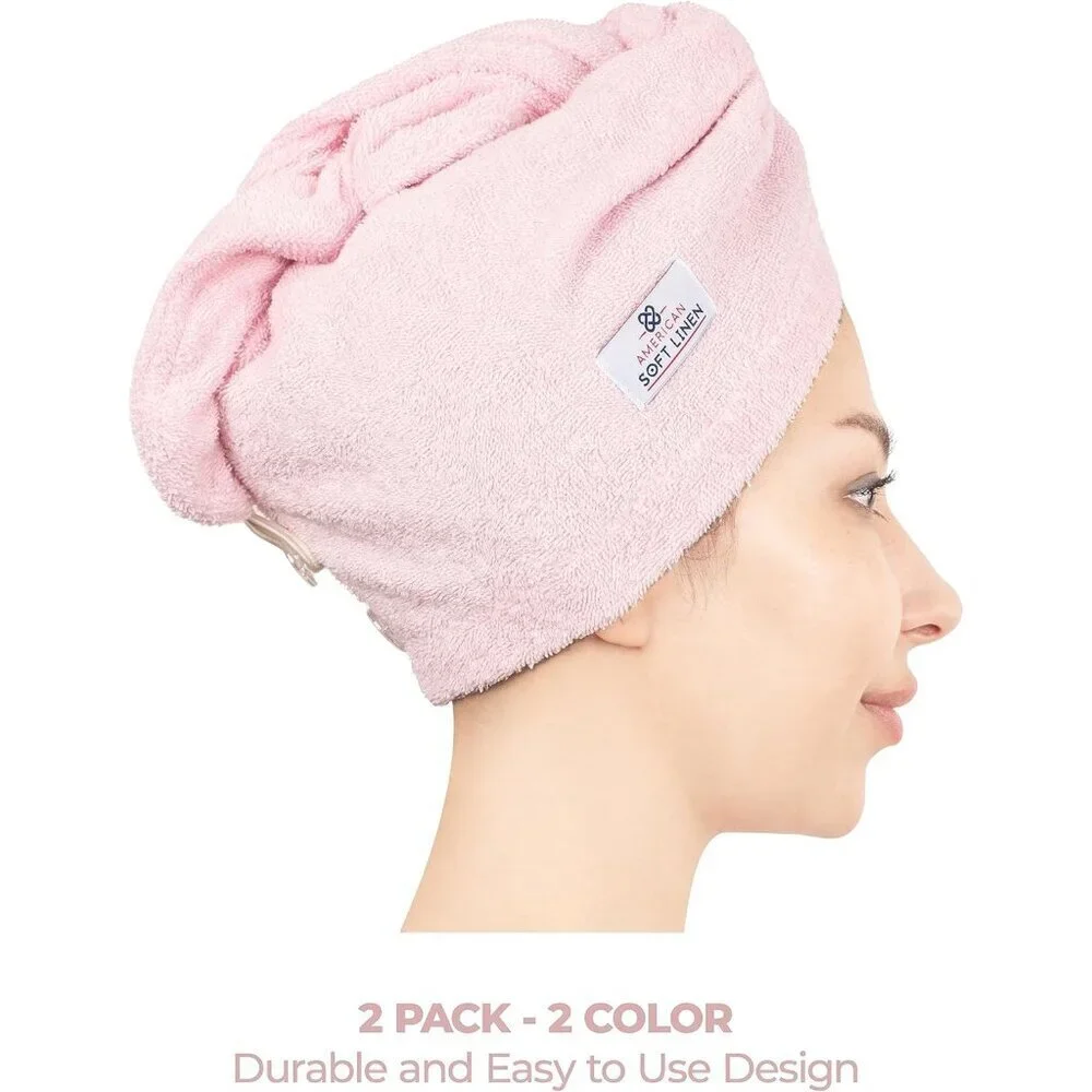 Cotton Hair Towels Women 26x10 Soft Absorbent Turban Wrap 2-Pack